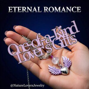 Winged Heart w. Clear Quartz Necklace ~ Patina Painted Wings! Feminine Pale Pink